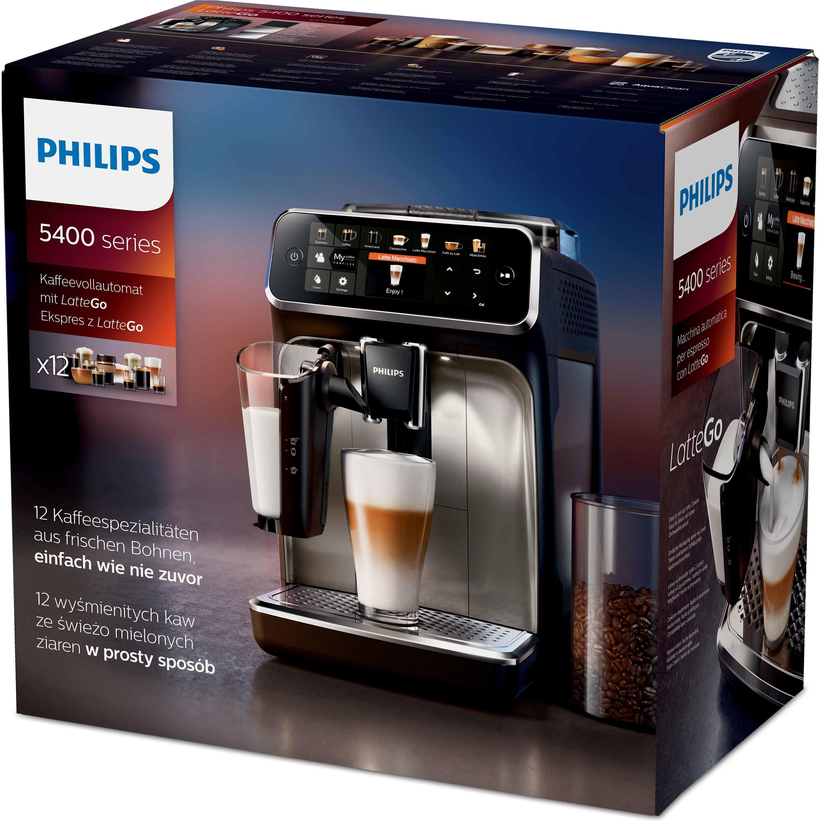 Series 5400 EP5447/90 Kaffeevollautomat Schwarz/Chrom - Latte Go Milchsystem, 12 Kaffeespezialitäten, Intuitives Display, 4 Benutzerprofile
